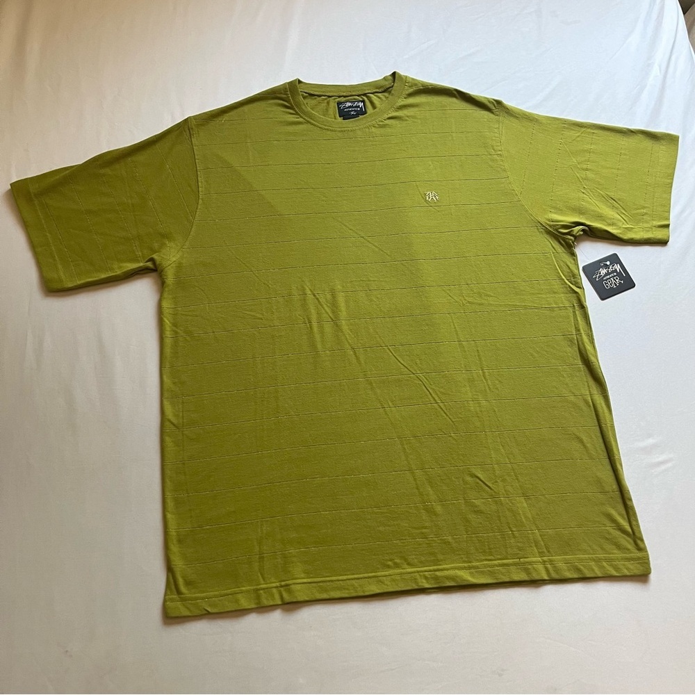 NWT STUSSY men’s olive army green metallic gold striped embroidered crew neck